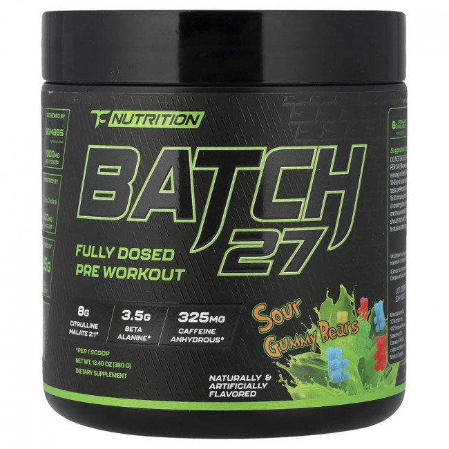 TC Nutrition, партия 27, предтренировочный комплекс с полной дозировкой, кислые жевательные конфеты, 380 г (13,4 унции) TC Nutrition, партия 27, предтренировочный комплекс с полной дозировкой, кислые жевательные конфеты, 380 г (13,4 унции)