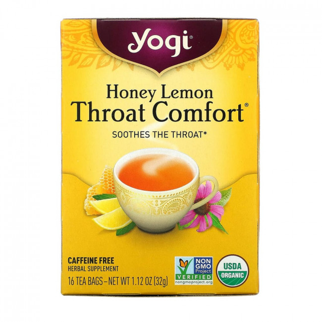 Yogi Tea, Органический, Throat Comfort, со вкусом меда и лимона, без кофеина, 16 чайных пакетиков, 1.12 унций (32 г) Yogi Tea, Органический, Throat Comfort, со вкусом меда и лимона, без кофеина, 16 чайных пакетиков, 1.12 унций (32 г)