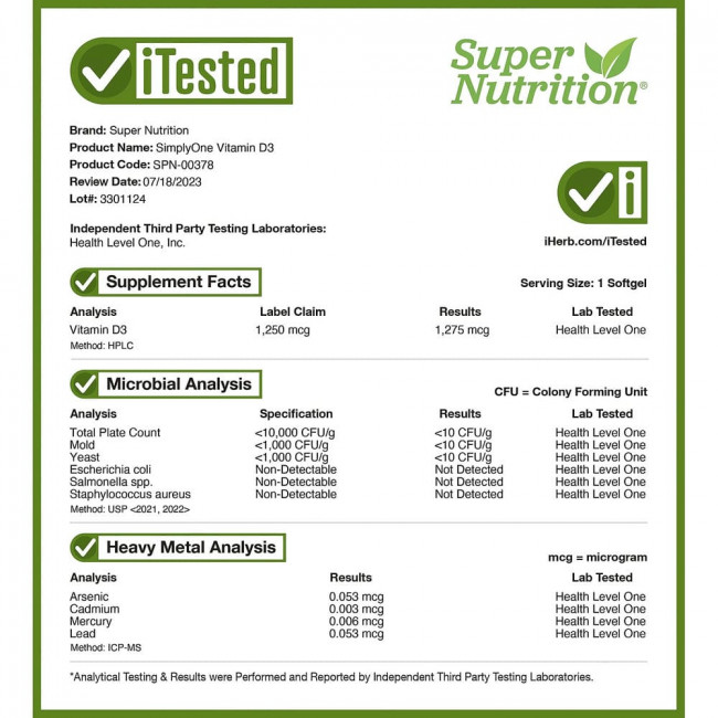 California Gold Nutrition, SimplyOne®, витамин D3, 1250 мкг (50 000 МЕ), 50 мягких таблеток