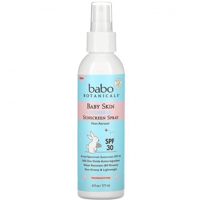 Babo Botanicals, Минеральный солнцезащитный спрей для детской кожи, SPF 30, без отдушек, 177 мл (6 жидк. Унций) Babo Botanicals, Минеральный солнцезащитный спрей для детской кожи, SPF 30, без отдушек, 177 мл (6 жидк. Унций)