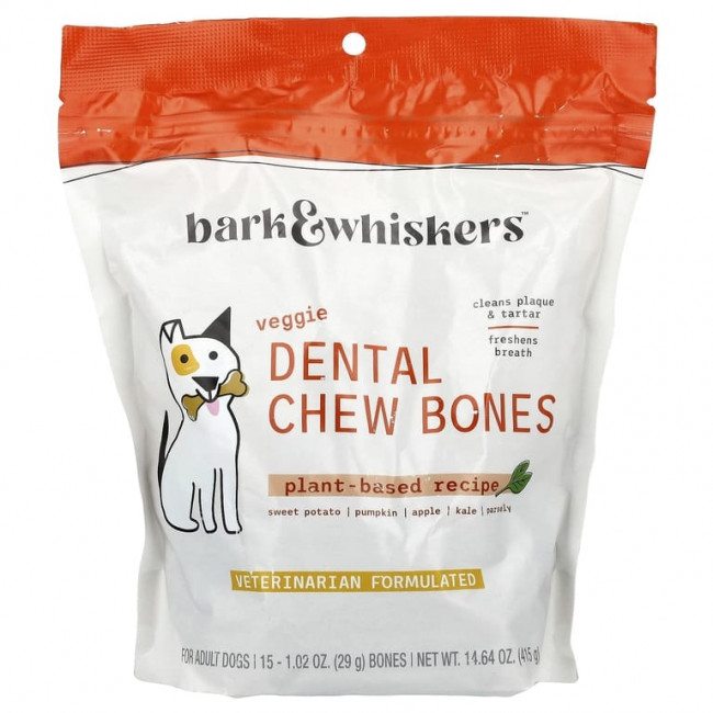 Dr. Mercola, Bark & Whiskers ™, Dental Chew Bones, для взрослых собак, вегетарианский продукт, 15 костей, 29 г (1,02 унции) Dr. Mercola, Bark & Whiskers ™, Dental Chew Bones, для взрослых собак, вегетарианский продукт, 15 костей, 29 г (1,02 унции)