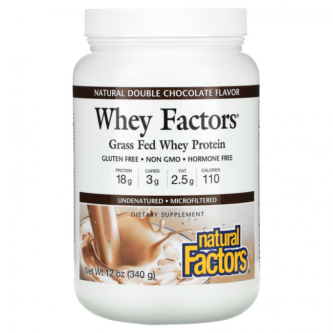 Natural Factors, Whey Factors, 100% натуральный сывороточный белок, с натуральным вкусом двойного шоколада, 12 унций (340 г) Natural Factors, Whey Factors, 100% натуральный сывороточный белок, с натуральным вкусом двойного шоколада, 12 унций (340 г)