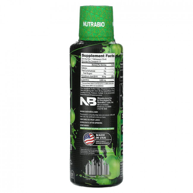 NutraBio, Performance, LeanShots L-Carnitine 3000, Green Apple, 16 fl oz (473 ml)