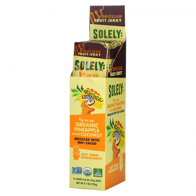 Solely, Organic Fruit Jerky, ананас с кокосом, сбрызнутый 100% какао, 12 полосок по 23 г (0,8 унции) Solely, Organic Fruit Jerky, ананас с кокосом, сбрызнутый 100% какао, 12 полосок по 23 г (0,8 унции)