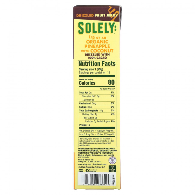 Solely, Organic Fruit Jerky, ананас с кокосом, сбрызнутый 100% какао, 12 полосок по 23 г (0,8 унции) Solely, Organic Fruit Jerky, ананас с кокосом, сбрызнутый 100% какао, 12 полосок по 23 г (0,8 унции)