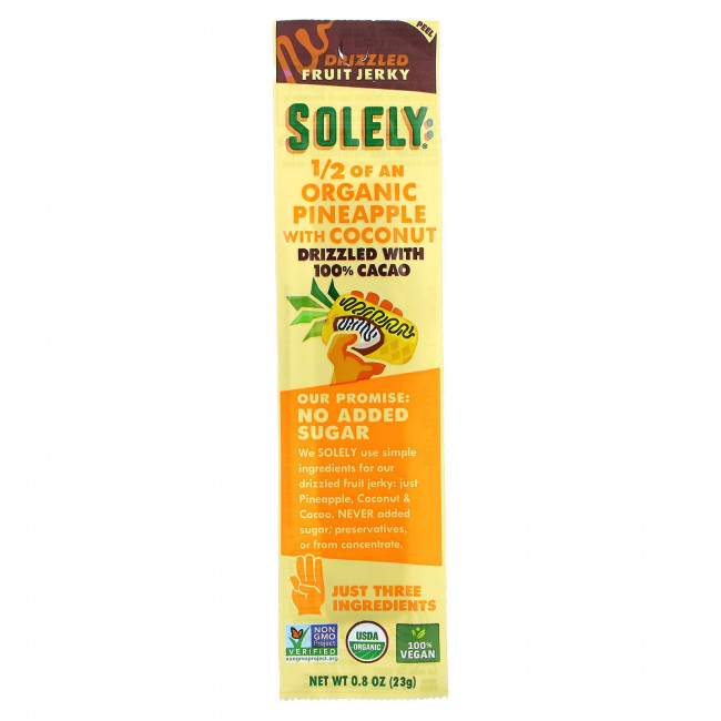Solely, Organic Fruit Jerky, ананас с кокосом, сбрызнутый 100% какао, 12 полосок по 23 г (0,8 унции) Solely, Organic Fruit Jerky, ананас с кокосом, сбрызнутый 100% какао, 12 полосок по 23 г (0,8 унции)