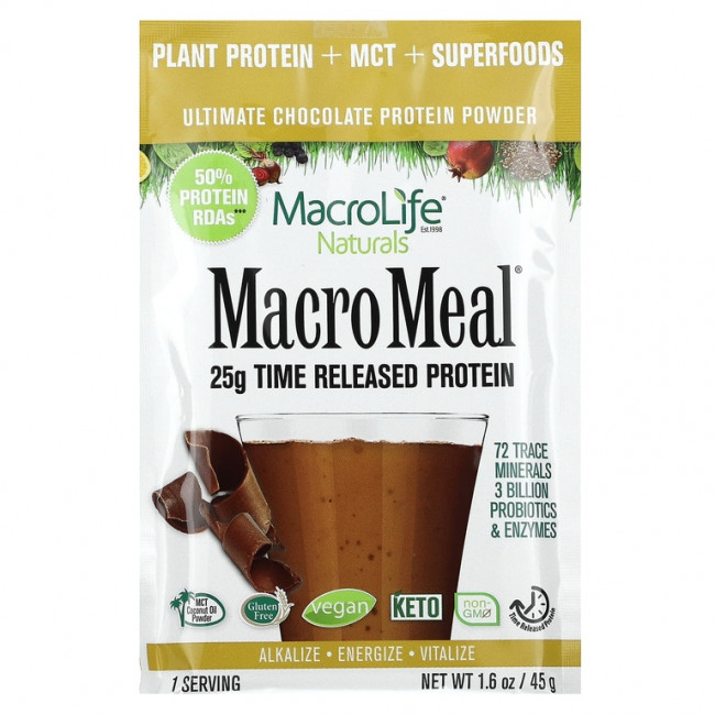 Macrolife Naturals, MacroMeal Ultimate Protein Powder, шоколад, 10 пакетиков по 45 г (1,6 унции) Macrolife Naturals, MacroMeal Ultimate Protein Powder, шоколад, 10 пакетиков по 45 г (1,6 унции)