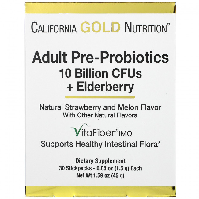 California Gold Nutrition, пребиотики и пробиотики для взрослых, 10 млрд. КОЕ + бузина, натуральный клубнично-дынный вкус, 30 пакетиков по 1,5 г (0,05 унции) California Gold Nutrition, пребиотики и пробиотики для взрослых, 10 млрд. КОЕ + бузина, натуральный клубнично-дынный вкус, 30 пакетиков по 1,5 г (0,05 унции)