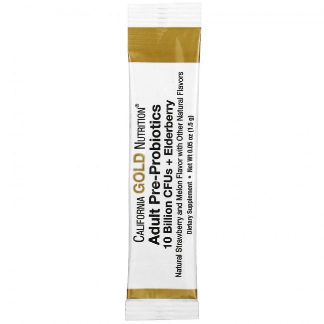 California Gold Nutrition, пребиотики и пробиотики для взрослых, 10 млрд. КОЕ + бузина, натуральный клубнично-дынный вкус, 30 пакетиков по 1,5 г (0,05 унции) California Gold Nutrition, пребиотики и пробиотики для взрослых, 10 млрд. КОЕ + бузина, натуральный клубнично-дынный вкус, 30 пакетиков по 1,5 г (0,05 унции)
