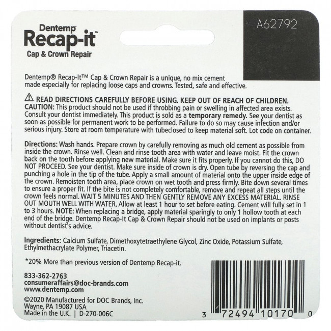 Dentemp, Recap-It, Cap & Crown Repair, 0.04 oz (1.2 g)