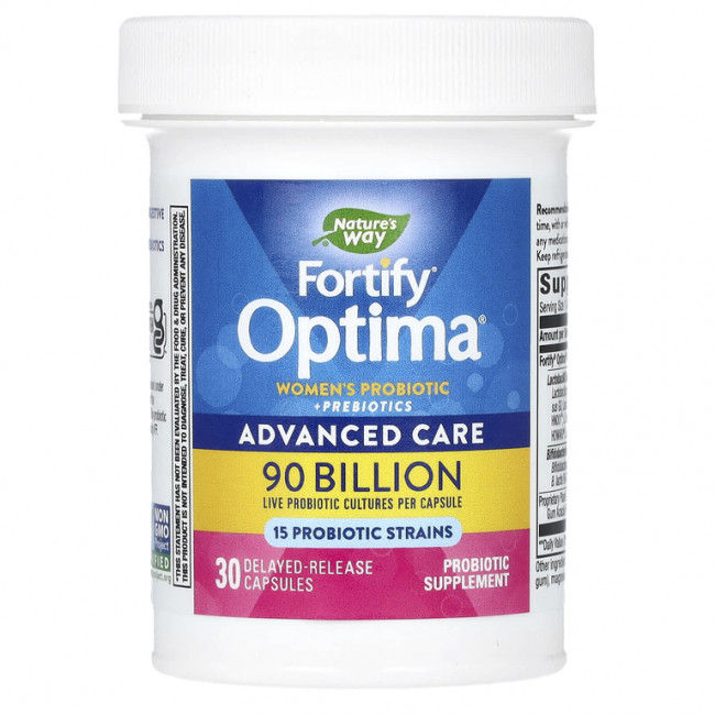 Nature's Way, Fortify Optima, пробиотики и пребиотики для женщин, улучшенная формула для ухода, 90 млрд КОЕ, 30 капсул с отсроченным высвобождением Nature's Way, Fortify Optima, пробиотики и пребиотики для женщин, улучшенная формула для ухода, 90 млрд КОЕ, 30 капсул с отсроченным высвобождением