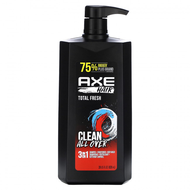 Axe, Hair, очищение всей поверхности, шампунь 3 в 1, кондиционер и гель для душа, Total Fresh, 828 мл (28 жидк. Унций) Axe, Hair, очищение всей поверхности, шампунь 3 в 1, кондиционер и гель для душа, Total Fresh, 828 мл (28 жидк. Унций)
