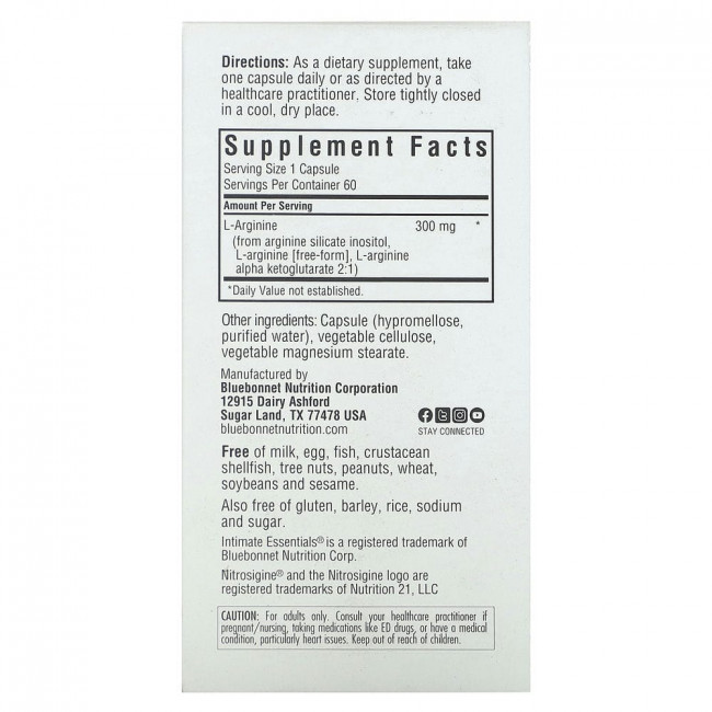 Bluebonnet Nutrition, Intimate Essentials, Nitro, Sexual Arousal Support, For Him & For Her, 60 Vegetable Capsules