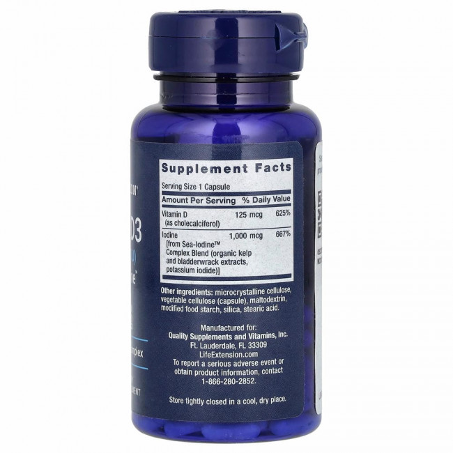 Life Extension, витамин D3 с Sea-Iodine, 125 мкг (5000 МЕ), 60 капсул Life Extension, витамин D3 с Sea-Iodine, 125 мкг (5000 МЕ), 60 капсул