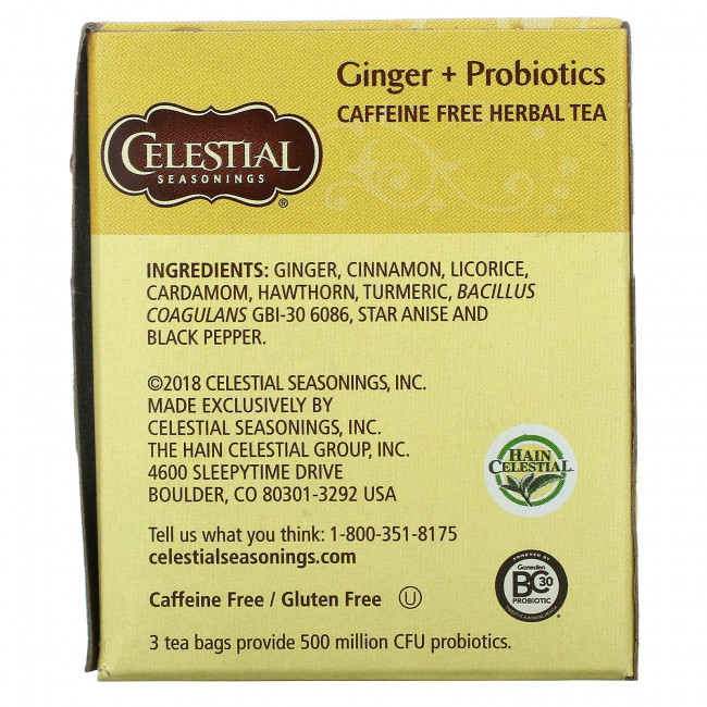 Celestial Seasonings, Травяной чай, имбирь + пробиотики, без кофеина, 20 чайных пакетиков, 1,1 унции (31 г) Celestial Seasonings, Травяной чай, имбирь + пробиотики, без кофеина, 20 чайных пакетиков, 1,1 унции (31 г)