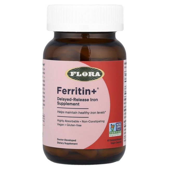 Flora, Ferritin +®, 60 веганских капсул с отсроченным высвобождением (20 мг в 1 капсуле) Flora, Ferritin +®, 60 веганских капсул с отсроченным высвобождением (20 мг в 1 капсуле)