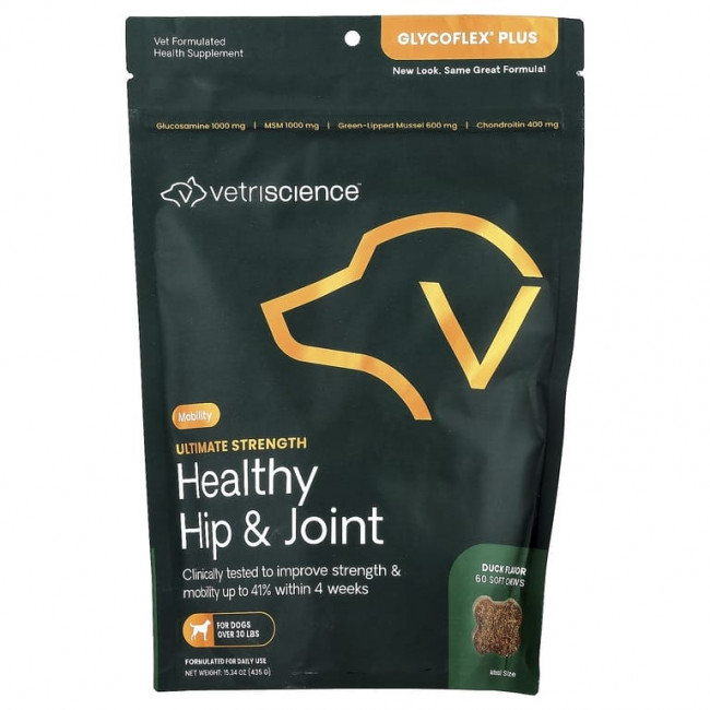 Vetriscience, Healthy Hip & Joint, Ultimate Strength, для собак, утка, 60 жевательных таблеток, 435 г (15,34 унции) Vetriscience, Healthy Hip & Joint, Ultimate Strength, для собак, утка, 60 жевательных таблеток, 435 г (15,34 унции)