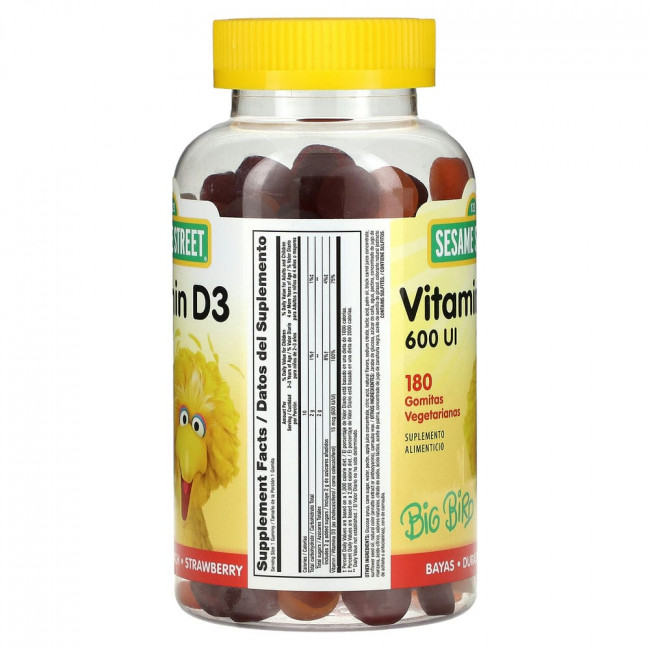 Webber Naturals, Улица Сезам, жевательная таблетка с витамином D3, со вкусом ягод, персика, клубники, 600 МЕ, 180 вегетарианских жевательных таблеток