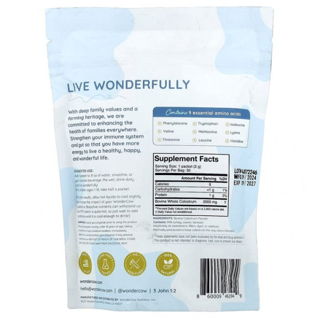 Wondercow, Молозиво в порошке, без добавок, 30 пакетиков по 2 г (0,07 унции)