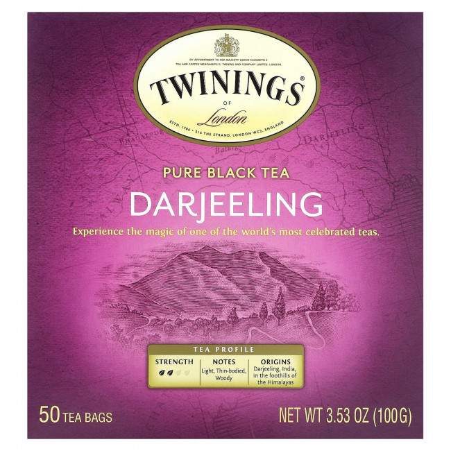 Twinings, Чистый черный чай, Дарджилинг, 50 чайных пакетиков, 100 г (3,53 унции) Twinings, Чистый черный чай, Дарджилинг, 50 чайных пакетиков, 100 г (3,53 унции)