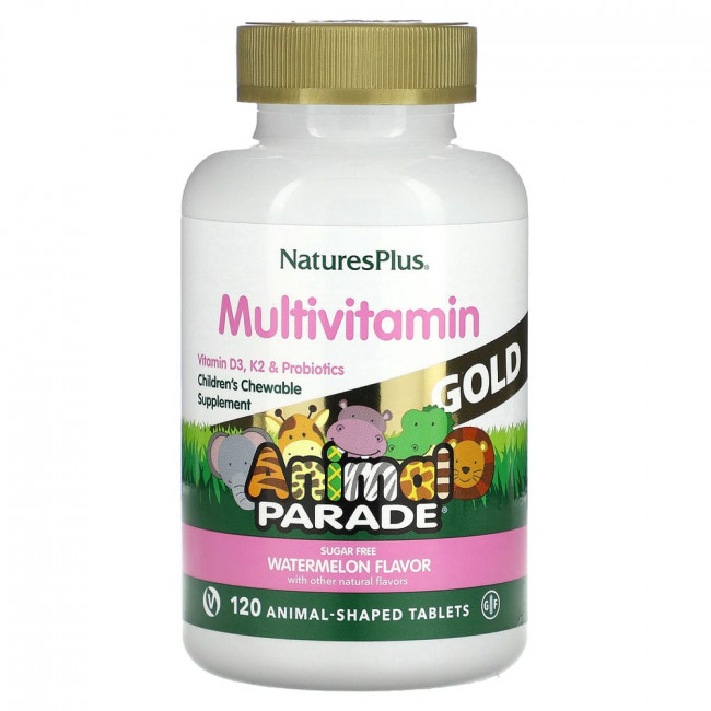 NaturesPlus, Source of Life Animal Parade Gold, жевательная мультивитаминная добавка с микроэлементами для детей, со вкусом арбуза, 120 таблеток в форме животных NaturesPlus, Source of Life Animal Parade Gold, жевательная мультивитаминная добавка с микроэлементами для детей, со вкусом арбуза, 120 таблеток в форме животных