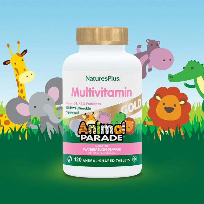 NaturesPlus, Source of Life Animal Parade Gold, жевательная мультивитаминная добавка с микроэлементами для детей, со вкусом арбуза, 120 таблеток в форме животных NaturesPlus, Source of Life Animal Parade Gold, жевательная мультивитаминная добавка с микроэлементами для детей, со вкусом арбуза, 120 таблеток в форме животных