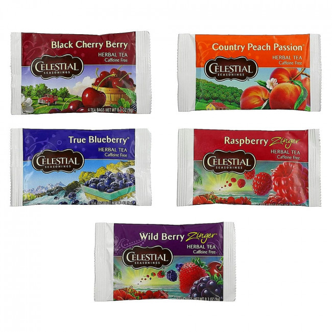 Celestial Seasonings, Fruit Tea Sampler, травяной чай, без кофеина, 5 вкусов, 18 чайных пакетиков, весом 40 г (1,4 унции) каждый Celestial Seasonings, Fruit Tea Sampler, травяной чай, без кофеина, 5 вкусов, 18 чайных пакетиков, весом 40 г (1,4 унции) каждый