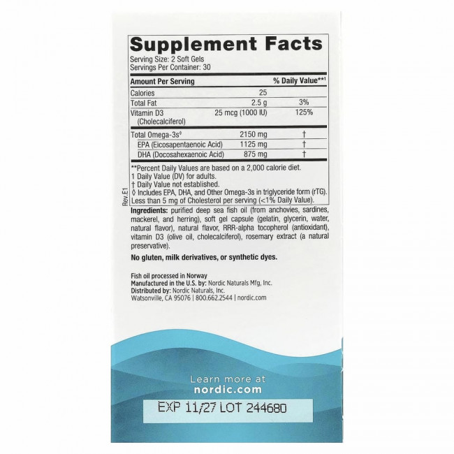 Nordic Naturals, Ultimate Omega 2X с витамином D3, лимон, 60 мягких желатиновых капсул Nordic Naturals, Ultimate Omega 2X с витамином D3, лимон, 60 мягких желатиновых капсул