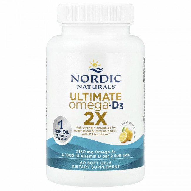 Nordic Naturals, Ultimate Omega 2X с витамином D3, лимон, 60 мягких желатиновых капсул Nordic Naturals, Ultimate Omega 2X с витамином D3, лимон, 60 мягких желатиновых капсул