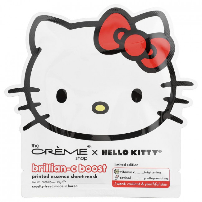Крем-маска для лица The Creme Shop, Hello Kitty®, Brilliant-C Boost, Printed Essence Beauty Sheet Mask, 1 лист, 0,88 унции (25 г)