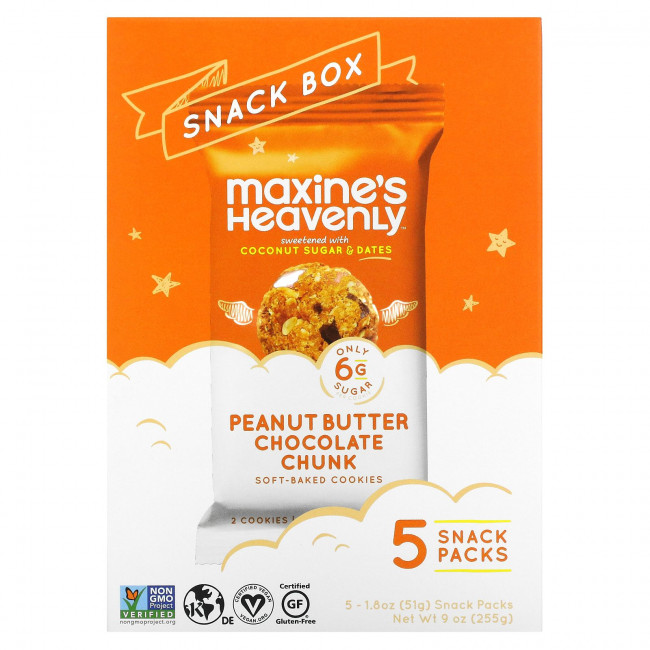 Maxine's Heavenly, Snack Box, мягкое овсяное печенье с кусочками шоколада и арахисовой пастой, 5 упаковок снека по 51 г (1,8 унции) Maxine's Heavenly, Snack Box, мягкое овсяное печенье с кусочками шоколада и арахисовой пастой, 5 упаковок снека по 51 г (1,8 унции)