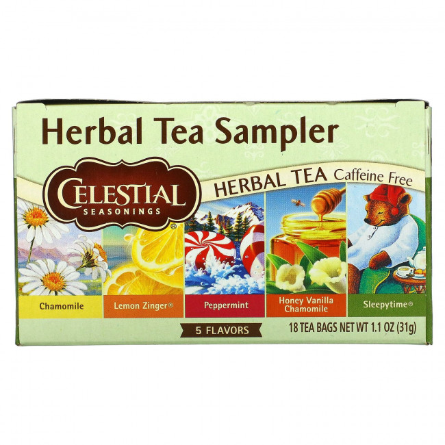 Celestial Seasonings, набор травяных чаев, без кофеина, 5 вкусов, 18 чайных пакетиков, 30 г (1,0 унция) Celestial Seasonings, набор травяных чаев, без кофеина, 5 вкусов, 18 чайных пакетиков, 30 г (1,0 унция)