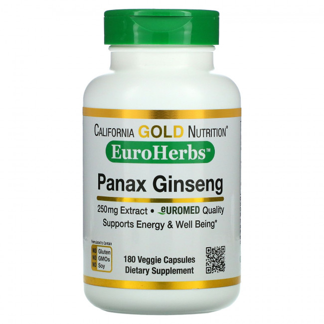 California Gold Nutrition, EuroHerbs, экстракт женьшеня, 250 мг, 180 растительных капсул California Gold Nutrition, EuroHerbs, экстракт женьшеня, 250 мг, 180 растительных капсул