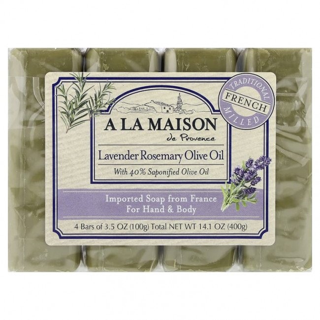 A La Maison de Provence, кусковое мыло для рук и тела, лаванда и розмарин, оливковое масло, 4 шт. по 100 г (3,5 унции) A La Maison de Provence, кусковое мыло для рук и тела, лаванда и розмарин, оливковое масло, 4 шт. по 100 г (3,5 унции)