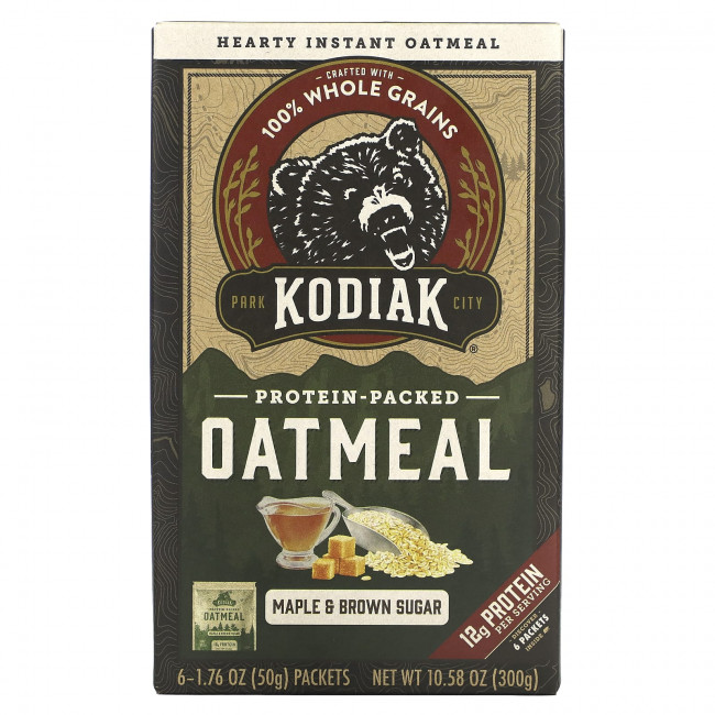 Kodiak Cakes, Овсянка с протеином, кленовый сироп и коричневый сахар, 6 пакетиков по 50 г (1,76 унции) Kodiak Cakes, Овсянка с протеином, кленовый сироп и коричневый сахар, 6 пакетиков по 50 г (1,76 унции)