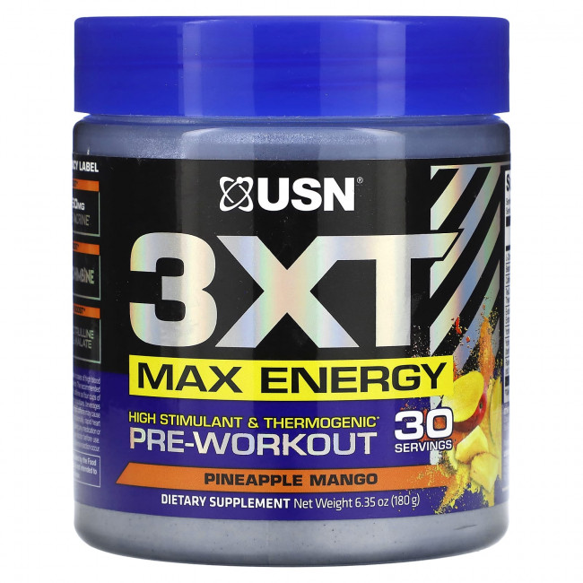 USN, 3XT Max Energy, предтренировочный комплекс с высоким стимулятором и термогенным действием, ананас и манго, 180 г (6,35 унции) USN, 3XT Max Energy, предтренировочный комплекс с высоким стимулятором и термогенным действием, ананас и манго, 180 г (6,35 унции)
