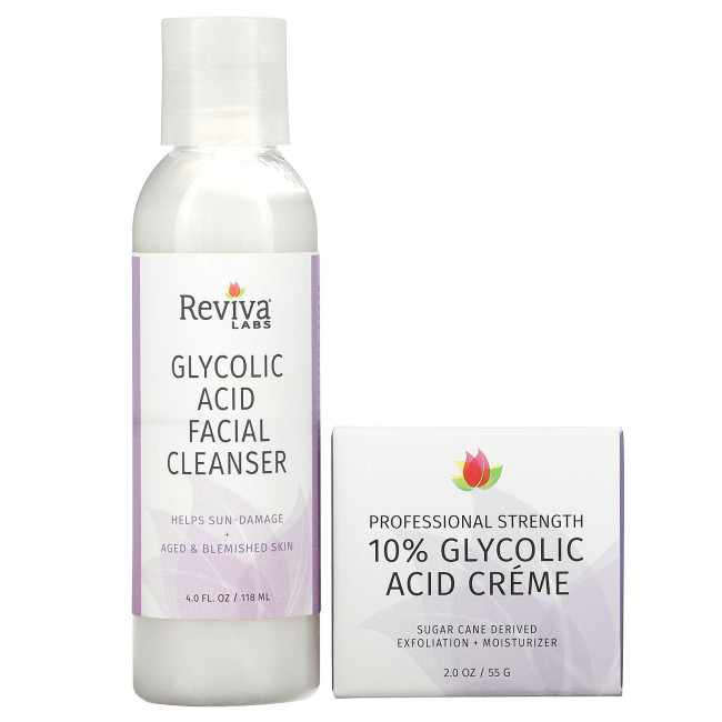 Reviva Labs, Glycolic Duo, крем с 10% гликолевой кислотой и очищающее средство для лица с гликолевой кислотой, 2 шт. Reviva Labs, Glycolic Duo, крем с 10% гликолевой кислотой и очищающее средство для лица с гликолевой кислотой, 2 шт.