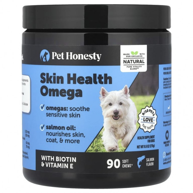 Pet Honesty, Skin Health Omega, для собак, с лососем, 90 жевательных таблеток, 270 г (9,5 унции) Pet Honesty, Skin Health Omega, для собак, с лососем, 90 жевательных таблеток, 270 г (9,5 унции)