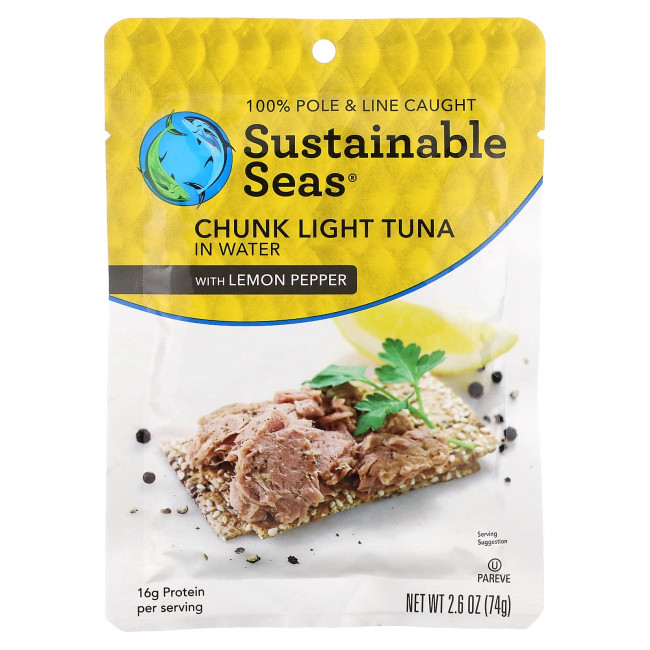 Sustainable Seas, Кусочки светлого тунца в воде с лимонным перцем, 74 г (2,6 унции) Sustainable Seas, Кусочки светлого тунца в воде с лимонным перцем, 74 г (2,6 унции)