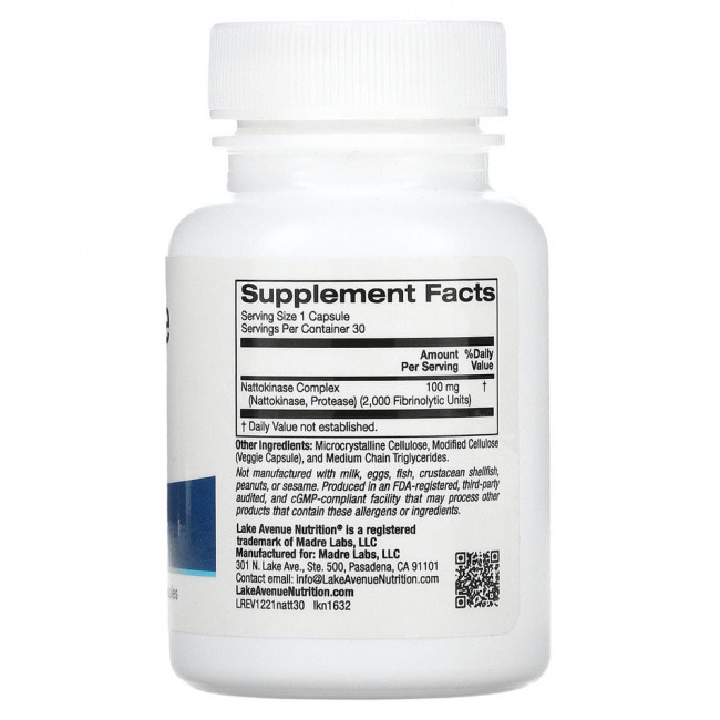 Lake Avenue Nutrition, Наттокиназа, протеолитический фермент, 2000 FU, 30 растительных капсул Lake Avenue Nutrition, Наттокиназа, протеолитический фермент, 2000 FU, 30 растительных капсул