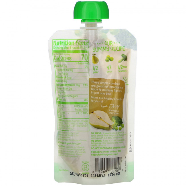 Happy Family Organics, Organics Happy Baby, Stage 2, для детей от 6 месяцев, органические груши, горох и брокколи, 113 г (4 унции) Happy Family Organics, Organics Happy Baby, Stage 2, для детей от 6 месяцев, органические груши, горох и брокколи, 113 г (4 унции)