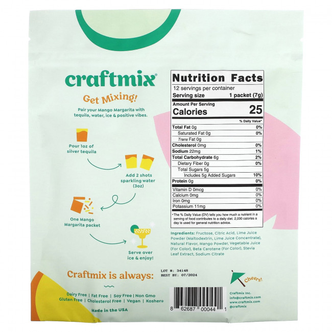 Craftmix, Пакетики для коктейлей, манго и маргарита, 12 пакетиков, 84 г (2,96 унции) Craftmix, Пакетики для коктейлей, манго и маргарита, 12 пакетиков, 84 г (2,96 унции)