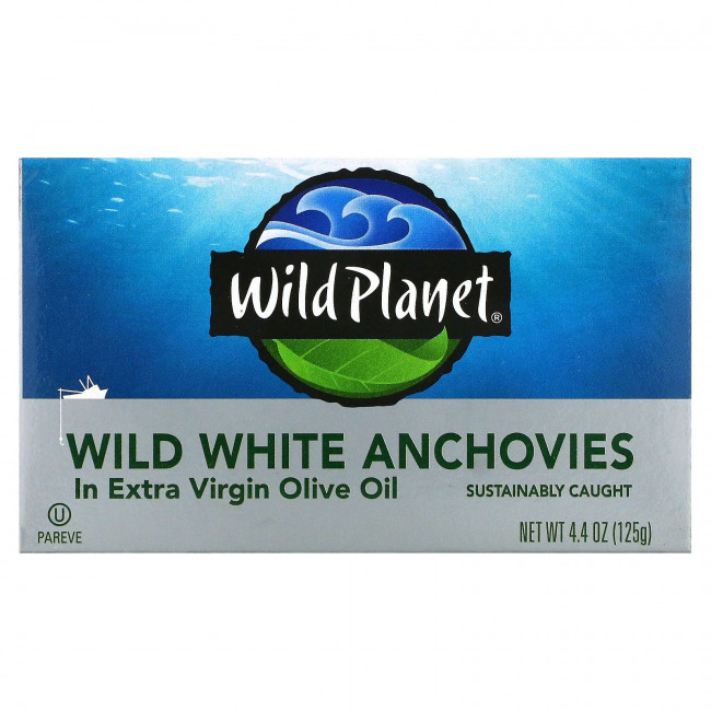 Wild Planet, Выловленные в диких условиях белые анчоусы в оливковом масле первого холодного отжима, 4,4 унц.(125 г) Wild Planet, Выловленные в диких условиях белые анчоусы в оливковом масле первого холодного отжима, 4,4 унц.(125 г)