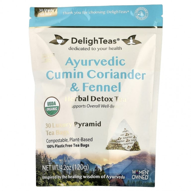 DelighTeas, Ayurvedic Cumin, Coriander & Fennel, травяной чай для выведения токсинов, без кофеина, 30 роскошных чайных пакетиков Pyramid, 120 г (4,2 унции) DelighTeas, Ayurvedic Cumin, Coriander & Fennel, травяной чай для выведения токсинов, без кофеина, 30 роскошных чайных пакетиков Pyramid, 120 г (4,2 унции)