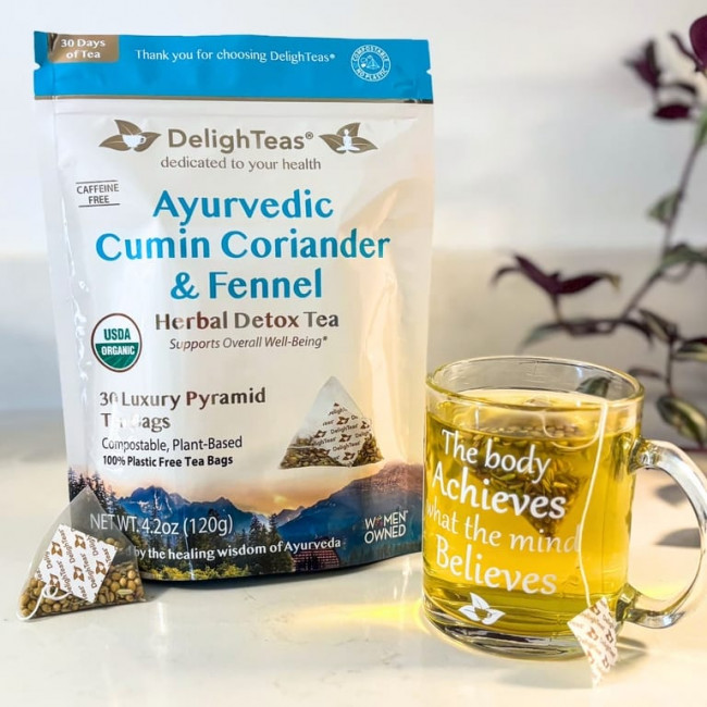 DelighTeas, Ayurvedic Cumin, Coriander & Fennel, травяной чай для выведения токсинов, без кофеина, 30 роскошных чайных пакетиков Pyramid, 120 г (4,2 унции) DelighTeas, Ayurvedic Cumin, Coriander & Fennel, травяной чай для выведения токсинов, без кофеина, 30 роскошных чайных пакетиков Pyramid, 120 г (4,2 унции)