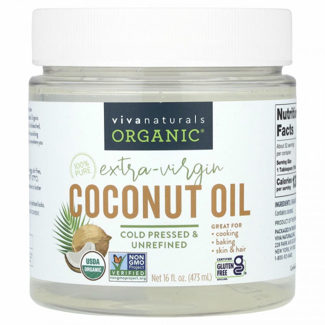 Viva Naturals, Органическое кокосовое масло первого отжима, 473 мл (16 жидк. Унций) Viva Naturals, Органическое кокосовое масло первого отжима, 473 мл (16 жидк. Унций)