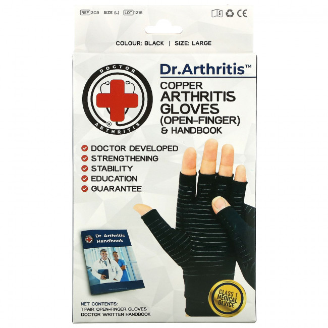 Doctor Arthritis, Медные перчатки и справочник для больных артритом с открытыми пальцами, большие, черные, 1 пара Doctor Arthritis, Медные перчатки и справочник для больных артритом с открытыми пальцами, большие, черные, 1 пара
