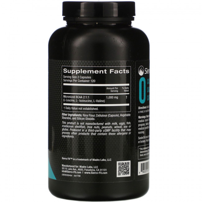 Sierra Fit, микронизированные BCAA, аминокислоты с разветвленной цепью, 500 мг, 240 растительных капсул Sierra Fit, микронизированные BCAA, аминокислоты с разветвленной цепью, 500 мг, 240 растительных капсул