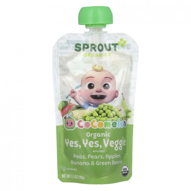Sprout Organics, Cocomelon, Organic Yes, Yes, Veggie with Fruit, 8 Months and Up, Pea, Pears, Apples, Banana & Green Beans, 3.5 oz (99 g)