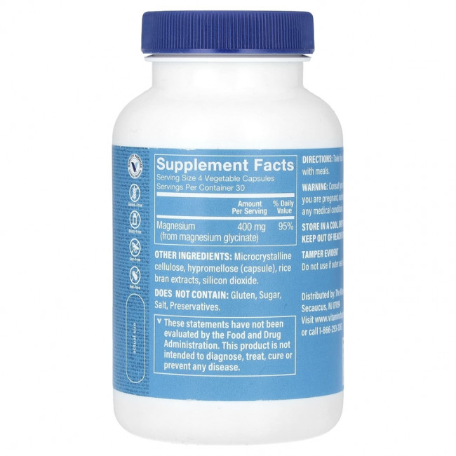 The Vitamin Shoppe, глицинат магния, 400 мг, 120 растительных капсул (100 мг в 1 капсуле)